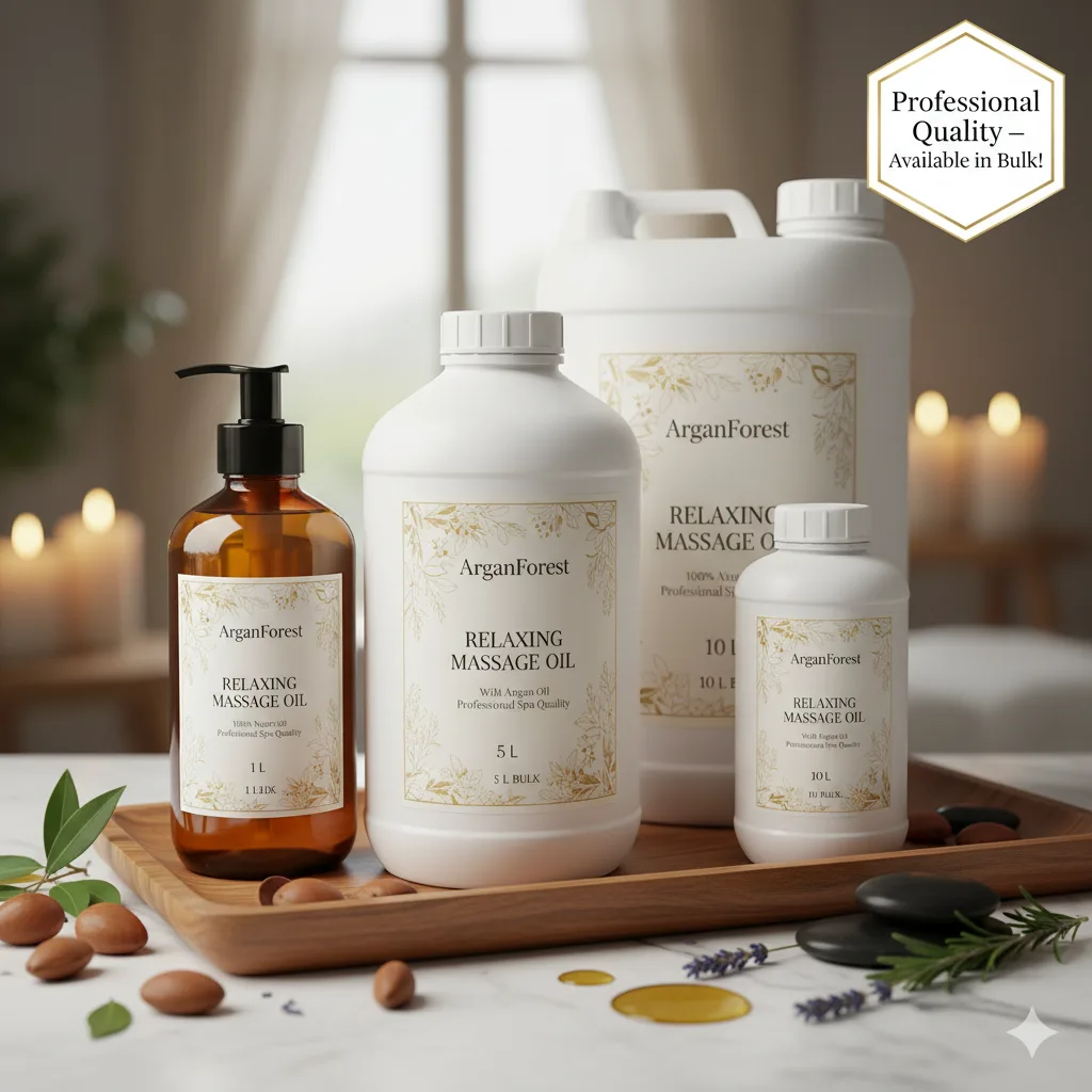 Bottles of Massage Oil with flowers and towels